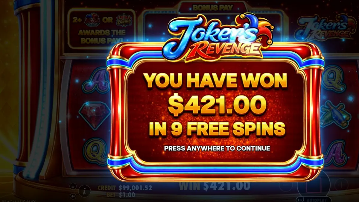 Interface do slot Joker’s Revenge com elementos visuais de arlequim e símbolos medievais.