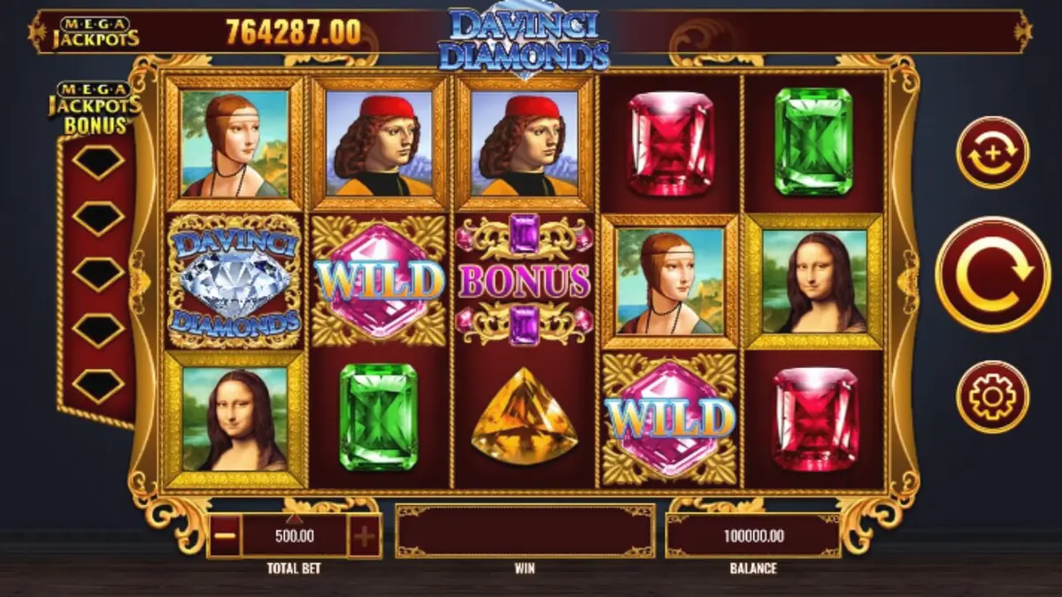 Interface do slot Mega Jackpot DaVinci Diamonds com símbolos de diamantes e arte renascentista